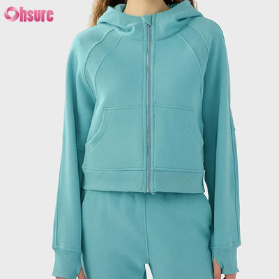 Logotipo personalizado Vintage femenino Full Zip Velocidad chaqueta de entrenamiento para el invierno Correr yoga gimnasio sudadera Hoodie agujeros de pulgar revestimiento Tejido de punto