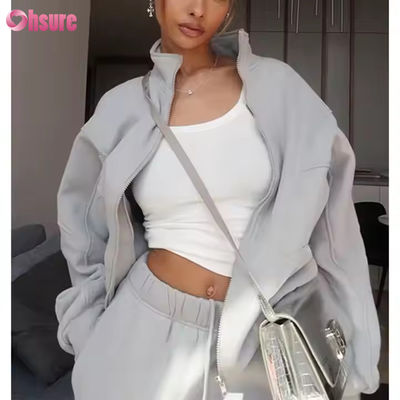 Traje de sudor de mujer personalizado de dos piezas con cremallera con capucha y juego de corredores ropa deportiva de lana de 2 piezas mujer con capucha de gran tamaño