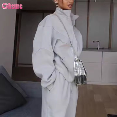 Traje de sudor de mujer personalizado de dos piezas con cremallera con capucha y juego de corredores ropa deportiva de lana de 2 piezas mujer con capucha de gran tamaño
