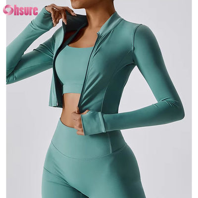 Slim Fit Full Zipper Nylon/Spandex 230GSM Fitness Sport Crop Tops Manga larga Logotipo personalizado con cremallera Vestidos deportivos para mujeres