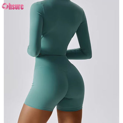 Slim Fit Full Zipper Nylon/Spandex 230GSM Fitness Sport Crop Tops Manga larga Logotipo personalizado con cremallera Vestidos deportivos para mujeres