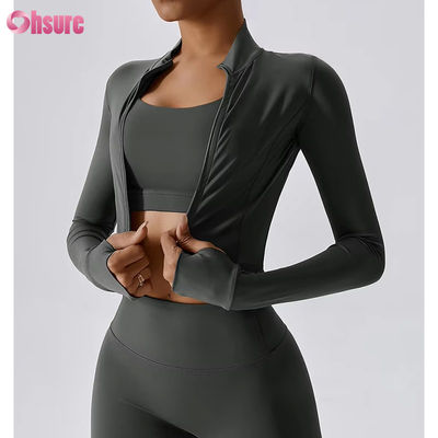 Slim Fit Full Zipper Nylon/Spandex 230GSM Fitness Sport Crop Tops Manga larga Logotipo personalizado con cremallera Vestidos deportivos para mujeres
