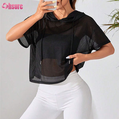 Ropa de ejercicio Perspectiva suelta Camiseta deportiva con capucha Caída de hombro Manga corta para mujeres Yoga básico Color sólido Casual