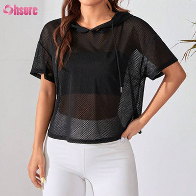 Ropa de ejercicio Perspectiva suelta Camiseta deportiva con capucha Caída de hombro Manga corta para mujeres Yoga básico Color sólido Casual