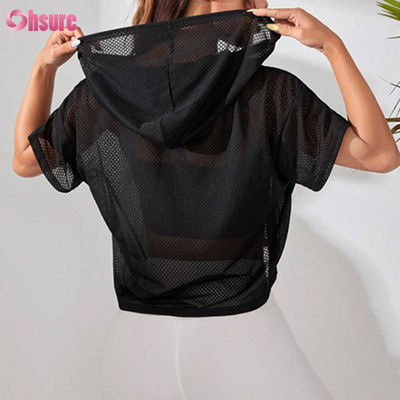 Ropa de ejercicio Perspectiva suelta Camiseta deportiva con capucha Caída de hombro Manga corta para mujeres Yoga básico Color sólido Casual