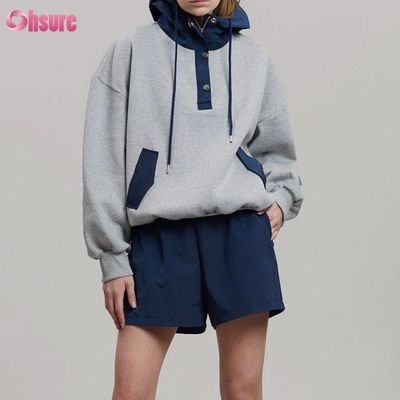 Diseño de moda, cómodo algodón, estilo oversized, botones, contraste de color, bolsillo, sudadera con capucha para mujer