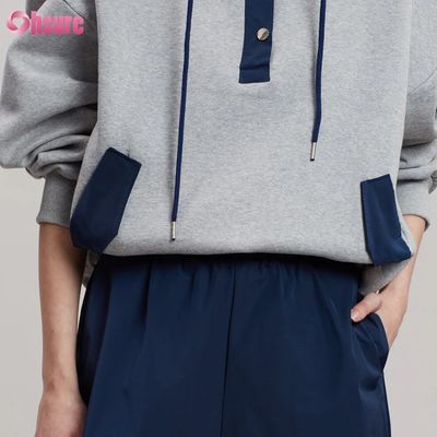 Diseño de moda, cómodo algodón, estilo oversized, botones, contraste de color, bolsillo, sudadera con capucha para mujer