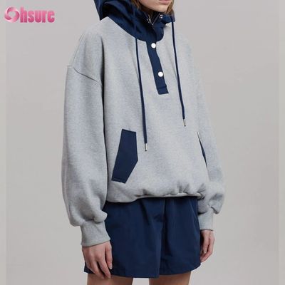 Diseño de moda, cómodo algodón, estilo oversized, botones, contraste de color, bolsillo, sudadera con capucha para mujer
