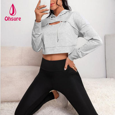 Ohsure Fitness Conjunto Deportivo Casual Suelto de Otoño para Mujer Yoga Básico Hombros Caídos con Capucha Deportiva Corta con Cordón