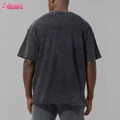 Logotipo personalizado Peso pesado Hombre negro 100% de algodón Activo Acido de gran tamaño Lavado crudo Camiseta deportiva gimnasio Camiseta masculina