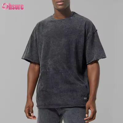 Logotipo personalizado Peso pesado Hombre negro 100% de algodón Activo Acido de gran tamaño Lavado crudo Camiseta deportiva gimnasio Camiseta masculina