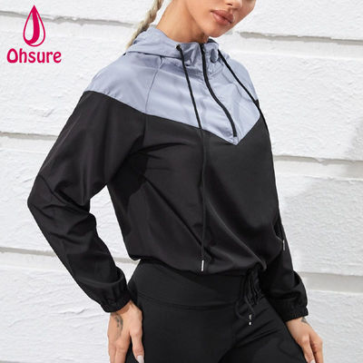 Logotipo personalizado 100% poliéster de dos tonos y media cremallera deportiva con capucha deportiva de ropa superior femenina de acondicionamiento físico chaqueta de entrenamiento de gimnasio