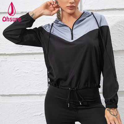 Logotipo personalizado 100% poliéster de dos tonos y media cremallera deportiva con capucha deportiva de ropa superior femenina de acondicionamiento físico chaqueta de entrenamiento de gimnasio