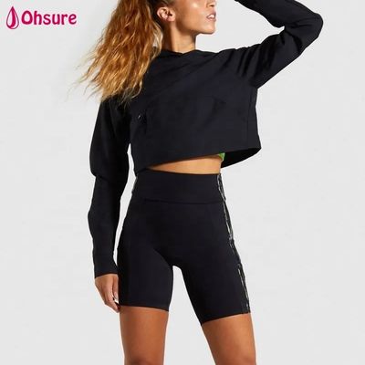 Top corto deportivo de algodón para mujer, cuello redondo, súper suave, personalizado, negro, sudaderas con capucha para gimnasio con capucha