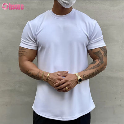 Entrenamiento de algodón de alta elasticidad de ajuste relajado de músculo de fitness masculino de deportes camiseta de gimnasio camiseta de impresión de pantalla camiseta de ajuste relajado