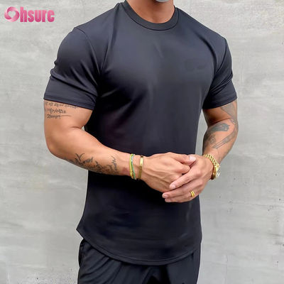Entrenamiento de algodón de alta elasticidad de ajuste relajado de músculo de fitness masculino de deportes camiseta de gimnasio camiseta de impresión de pantalla camiseta de ajuste relajado