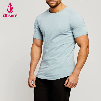 Vestidos deportivos Tejido de bambú Raglan Cortado Mangas Cuello de la tripulación Musculo Ligero Camisetas de entrenamiento para hombres