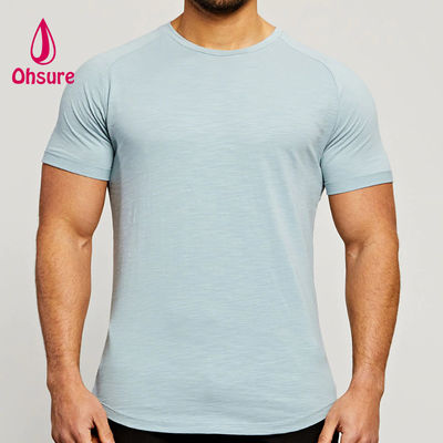 Vestidos deportivos Tejido de bambú Raglan Cortado Mangas Cuello de la tripulación Musculo Ligero Camisetas de entrenamiento para hombres