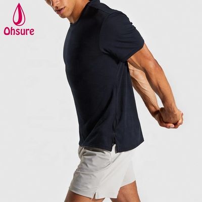 Regular Slim Fit Cuello de la tripulación de los hombres de gimnasia camiseta Muscle Wear hombre relajado de los deportes camiseta con las partes laterales sencillo casual Impreso