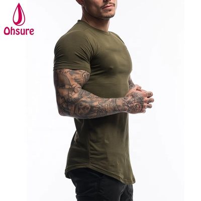 Camiseta de gimnasio para hombre de fitness de algodón y spandex personalizada, ropa verde militar, manga corta, lisa, para entrenamiento, para hombre