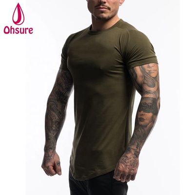 Camiseta de gimnasio para hombre de fitness de algodón y spandex personalizada, ropa verde militar, manga corta, lisa, para entrenamiento, para hombre
