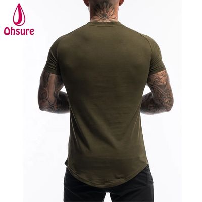 Camiseta de gimnasio para hombre de fitness de algodón y spandex personalizada, ropa verde militar, manga corta, lisa, para entrenamiento, para hombre