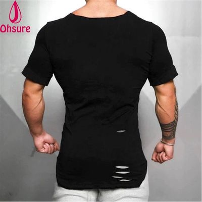 Nueva camiseta de algodón para hombre - Camiseta vintage con agujeros rasgados - Ropa deportiva casual de moda para hombre, camiseta de fitness
