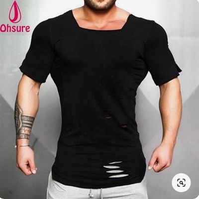 Nueva camiseta de algodón para hombre - Camiseta vintage con agujeros rasgados - Ropa deportiva casual de moda para hombre, camiseta de fitness